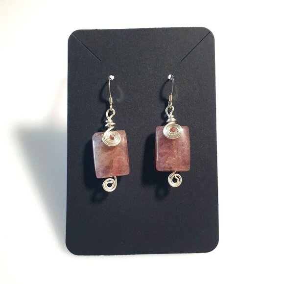Pink Stone Wire Wrapped Dangle Earrings Silver Tone Hook Rectangle Gemstone Gift - Picture 1 of 3